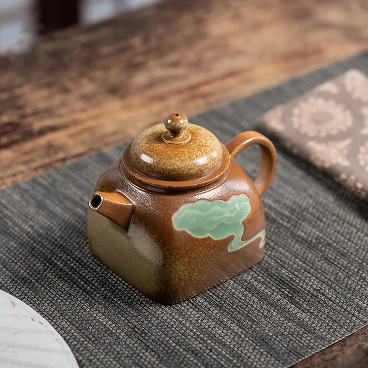 本土斋  祥云雕刻手工壶草木灰四方壶功夫茶具高端茶器青瓷泡茶壶