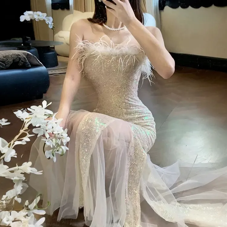 鱼尾晚礼服裙高端轻奢小众主持人艺考生日年会亮片羽毛法式香槟色