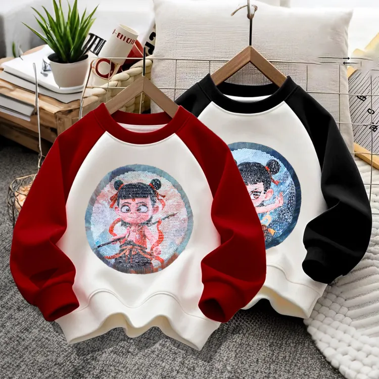 童装春秋新款国潮男童卫衣小女孩变色亮片卫衣哪吒之魔童闹海衣服