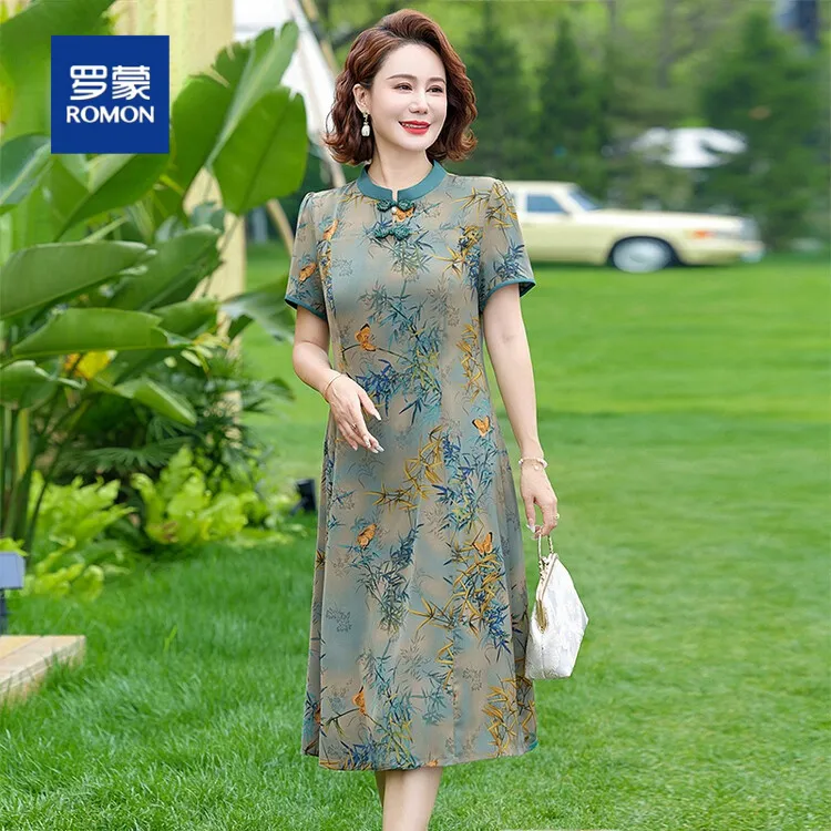 罗蒙新中式国风旗袍妈妈装连衣裙女夏季新款高贵中老年人裙子女