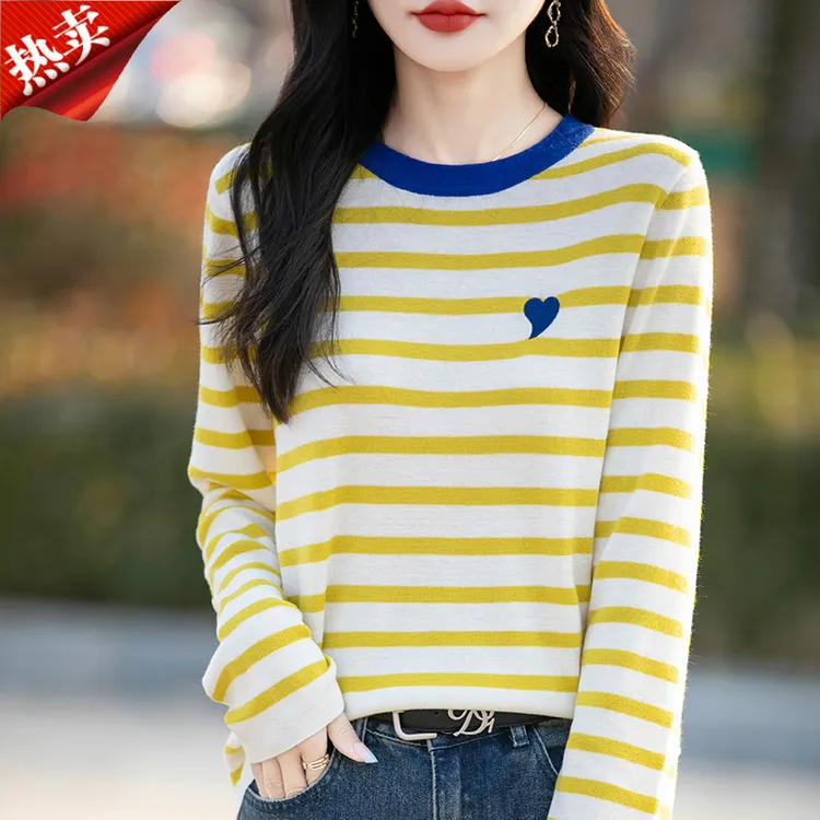 时尚品牌正品早秋2025韩系撞色圆领针织上衣黄色条纹长袖t恤衫