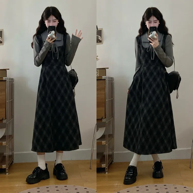 大码法式复古假两件学院风格纹秋冬季新款赫本风显瘦长款连衣裙女