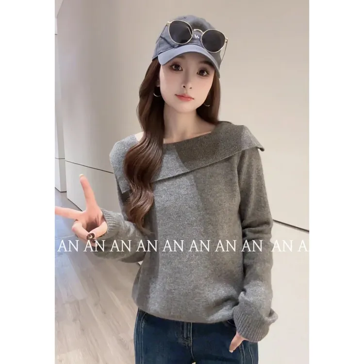 C09251韩系气质宽松显瘦设计感翻领一字肩纯色长袖针织衫