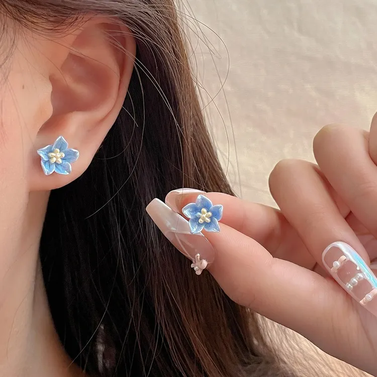 合金耳饰 蓝色山茶花耳钉女2025新款爆款小清新百搭花朵耳饰小众