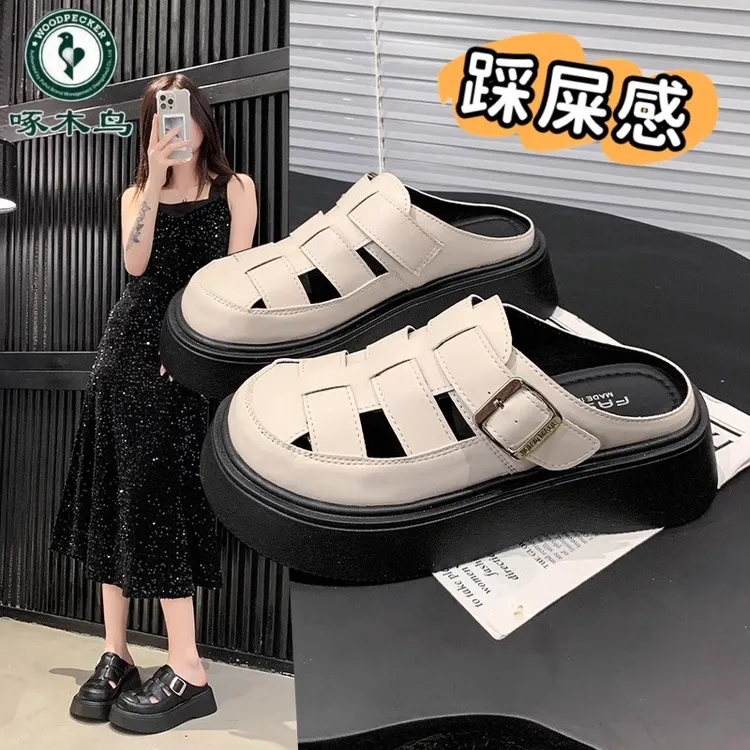啄木鸟夏季厚底罗马凉鞋女2025新款百搭镂空包头半拖鞋外穿洞洞拖