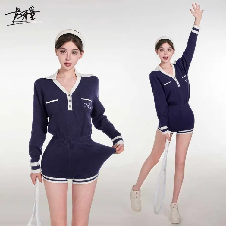 龙牙童推荐【针织连体裤】秋季宽松V领上衣网球运动长袖针织连体裤