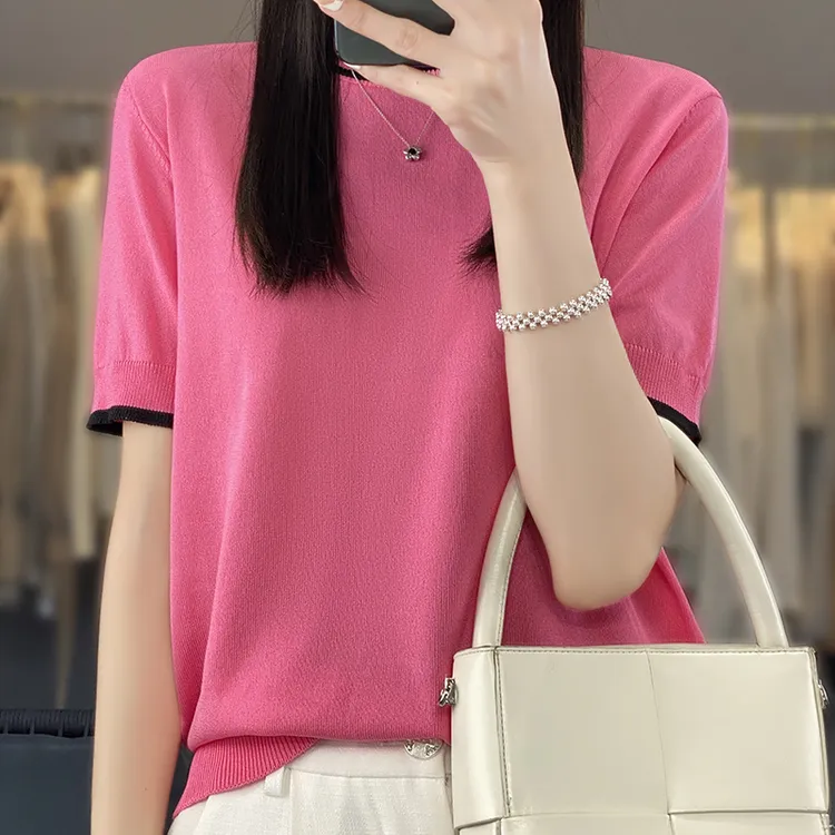 圆领拼色冰丝针织衫短袖薄款女士短款T恤套头针织打底衫上衣女撞