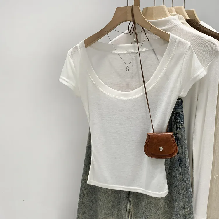 【部分现】2025春夏新款大圆领收腰薄款短袖设计感修身上衣女250362