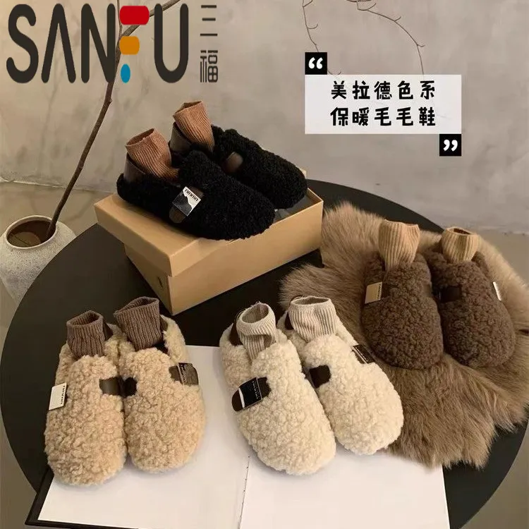 三福毛毛鞋女冬外穿加绒棉鞋2025新款韩版复古平底一脚蹬豆豆鞋女