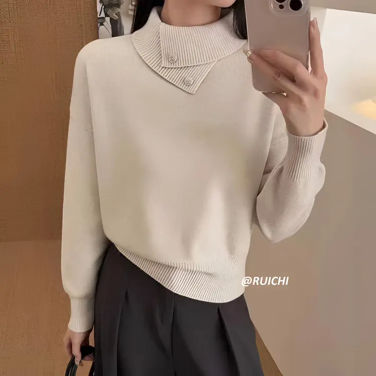 2025秋冬新款韩系设计感翻领竖纹基础百搭高级洋气套头针织衫上衣
