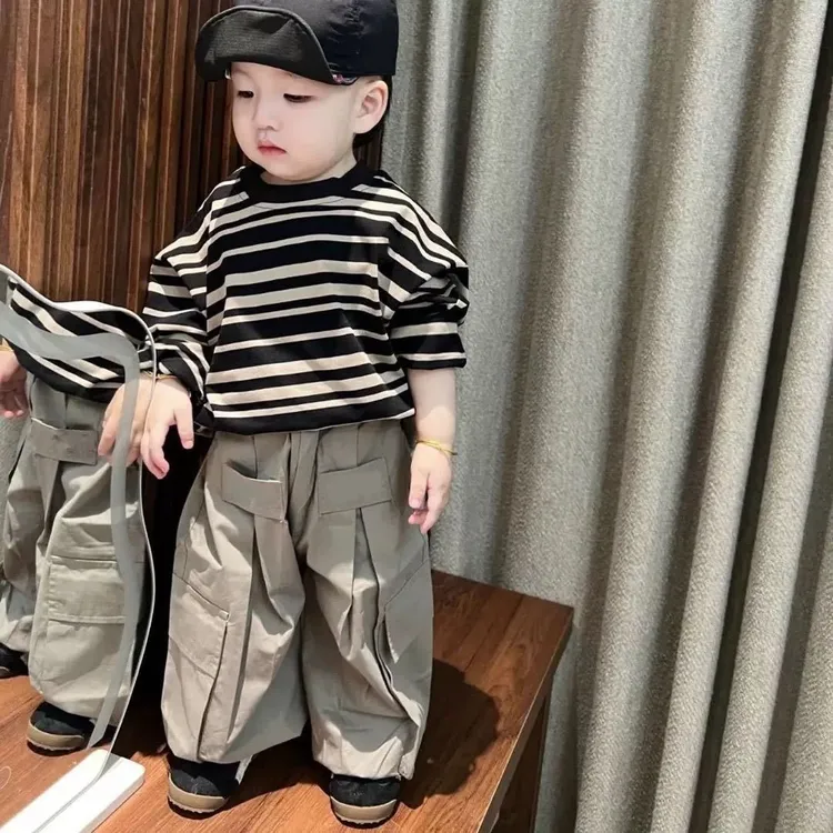 婴幼儿秋装条纹长袖工装裤套装男宝宝秋季潮酷休闲两件套童装Z058
