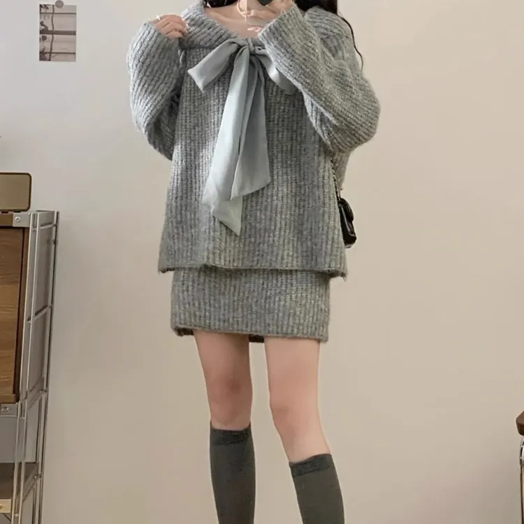 小个子秋冬洋气套装女超好看蝴蝶结温柔甜美气质针织衫短裙两件套