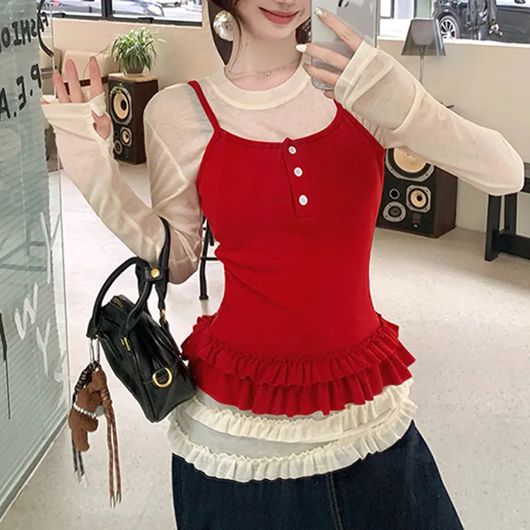 【玫瑰奶冻 】2024秋冬新款甜美撞色百搭显瘦红色内搭韩版套装打底