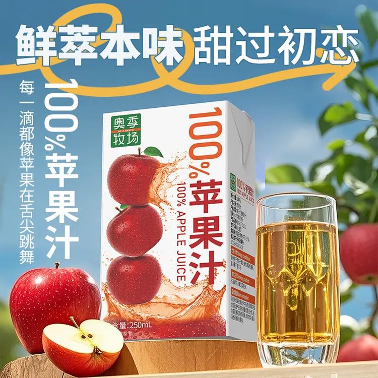 【达人专属】100%苹果汁整箱清爽网红饮品清凉酸甜畅饮250ml*10瓶