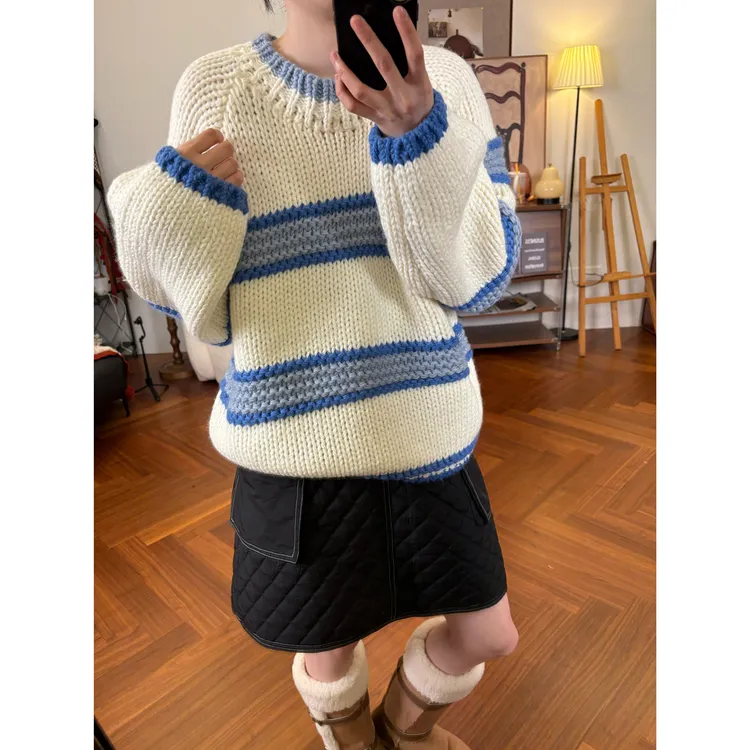 韩系慵懒羊毛粗针条纹毛衣女2025秋冬新款宽松百搭显瘦针织衫套头
