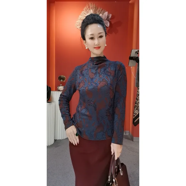烫钻打底衫高档妈妈装厚款磨毛女士长袖上衣修身显瘦【精致·提花L】