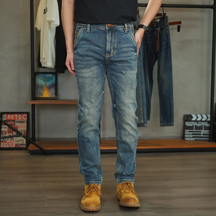 DH81073秋冬季怀旧蓝极简风国潮重工修身小直筒牛仔裤潮流做旧