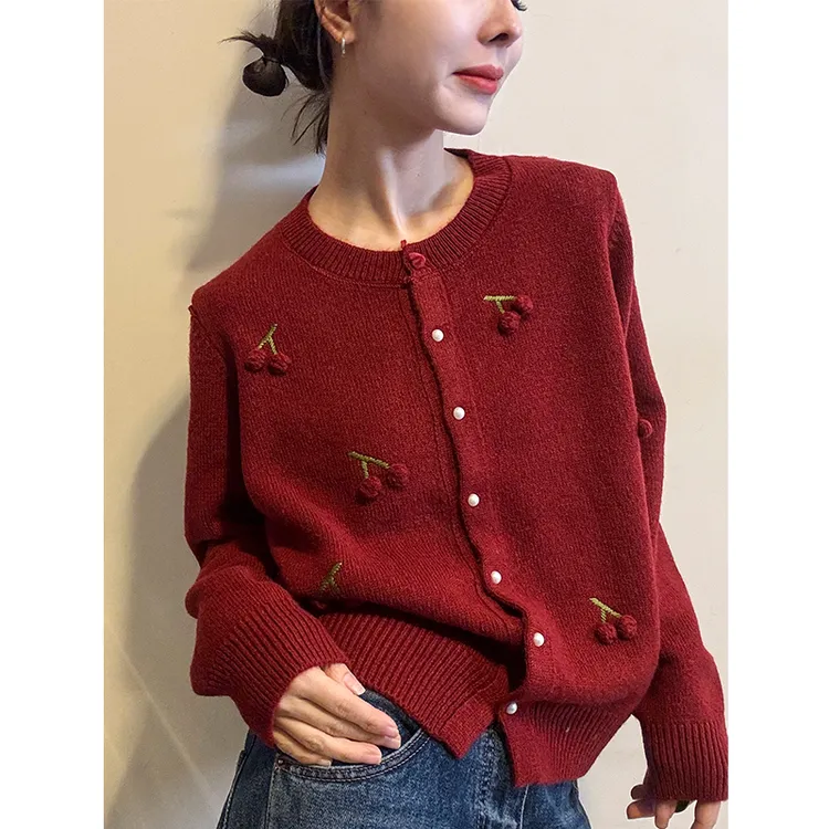 立体樱桃设计感针织开衫女秋冬胖妹妹宽松显瘦慵懒风气质毛衣外套