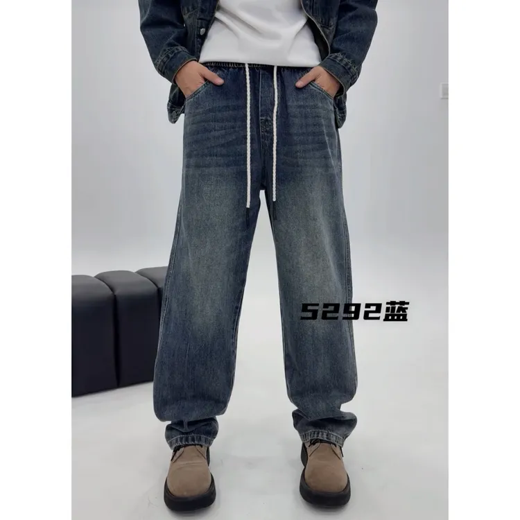 5292新款宽松直筒拖地男秋复古长裤系带高腰猫须潮流宽松百搭蓝色