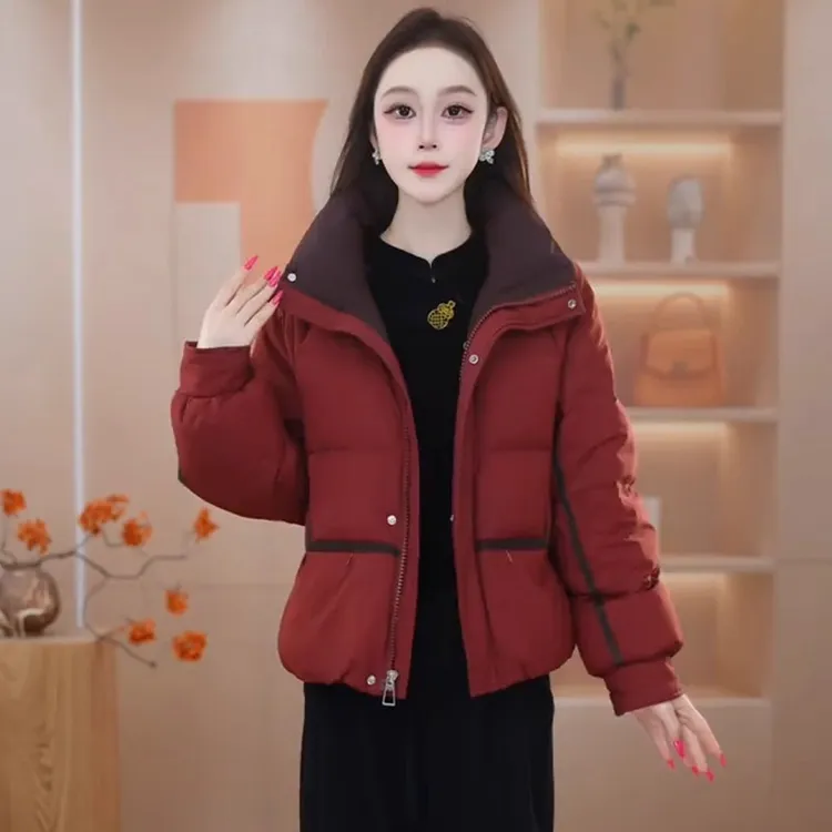 时尚撞色短款棉衣外套女2025冬季新款加厚保暖修身显瘦洋气质上衣