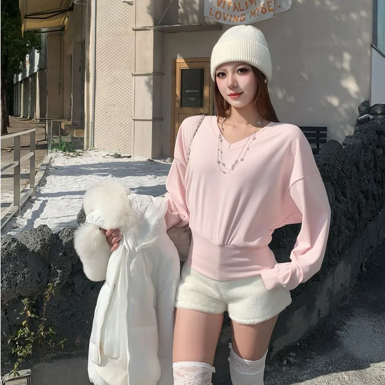 加绒加厚 宽松慵懒休闲自带收口收腰显瘦V领蝙蝠袖长袖女上衣t恤