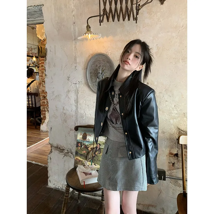 高级感超好看短外套女秋冬流行美式复古pu皮夹克黑色皮衣女小个子