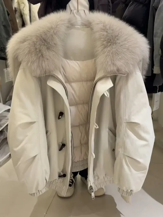 2025冬季新款韩版加厚短款大毛领棉服女设计感复古牛角扣棉袄外套