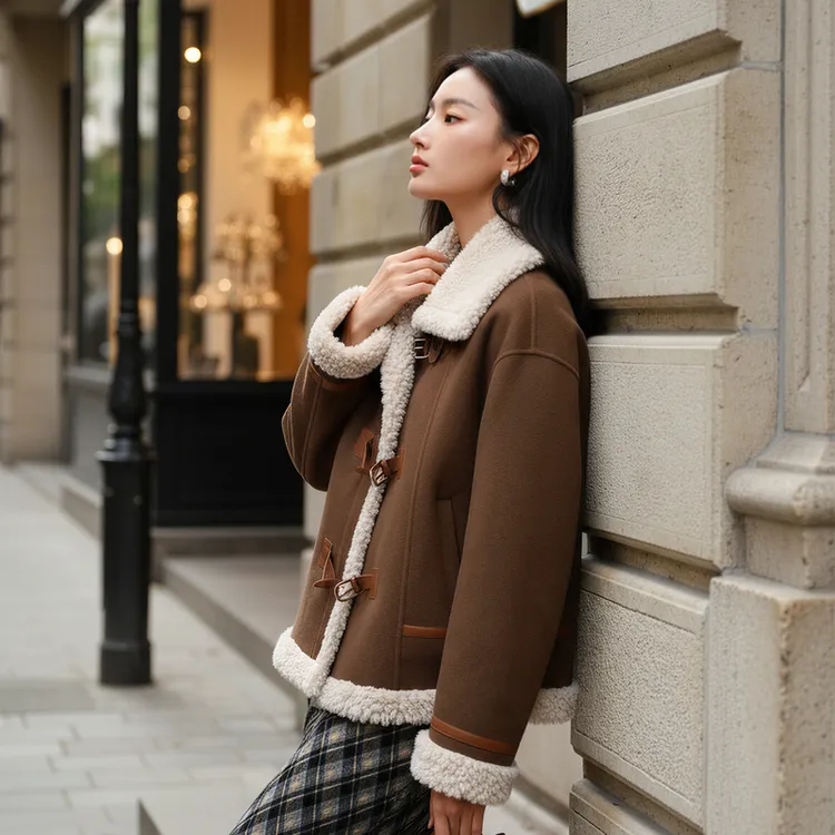 EP雅莹新款女装 绵羊毛拼皮设计感立领短款大衣外套8217D