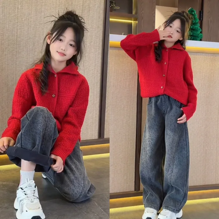 女童2025新货款红色毛衣套装儿童洋气针织毛线衣中大童加绒牛仔裤