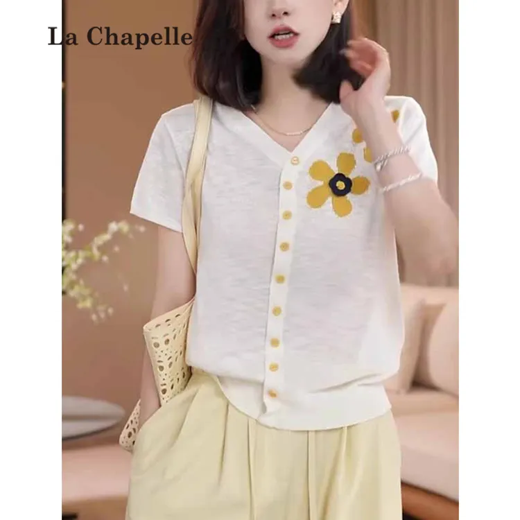 拉夏贝尔V领短袖针织开衫女2025夏季新款花朵提花洋气显瘦上衣