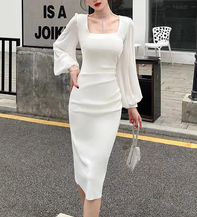 御姐小白裙交叉v领白色修身收腰紧身性感包臀裙连衣裙女宴会礼服