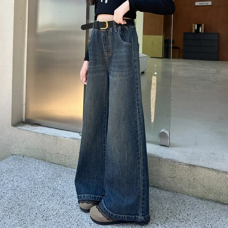 女童裤子阔腿牛仔裤春秋6-12岁女大童长裤爆款秋季百搭儿童休闲裤