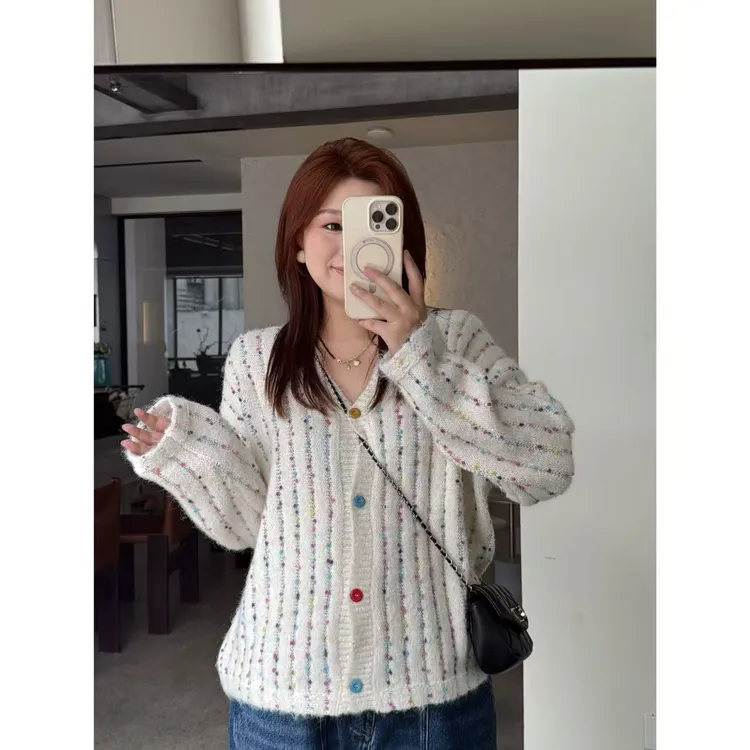 晶咕佳佳【色彩收藏】彩色点点V领毛衣开衫气质长袖小香复古时尚