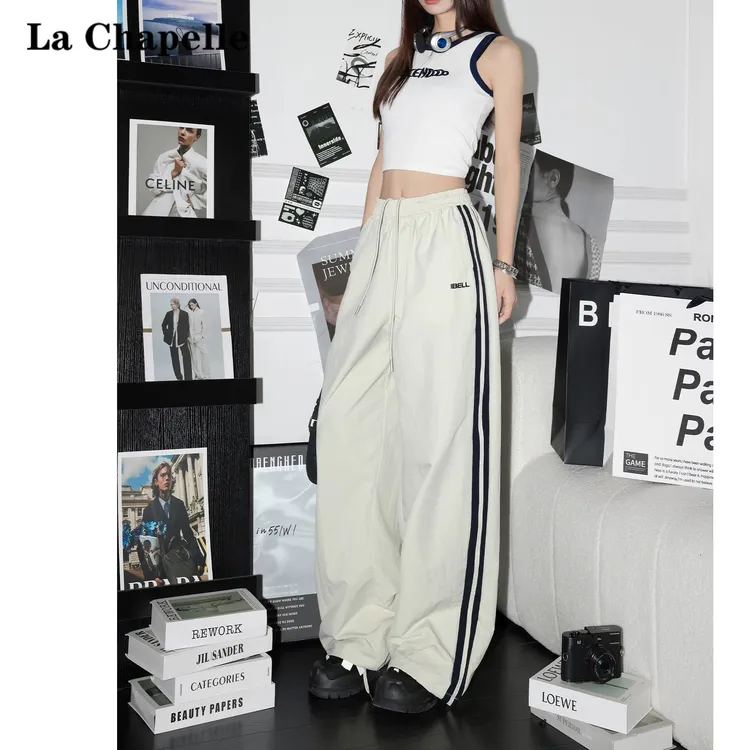 拉夏贝尔美式侧条纹阔腿休闲裤女2025春夏新款宽松速干薄款运动裤