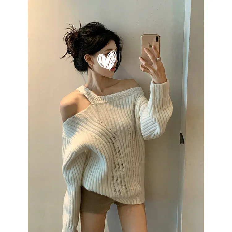 巨好看挂脖斜肩设计感宽松毛衣慵懒感外穿坑条针织衫上衣1969#