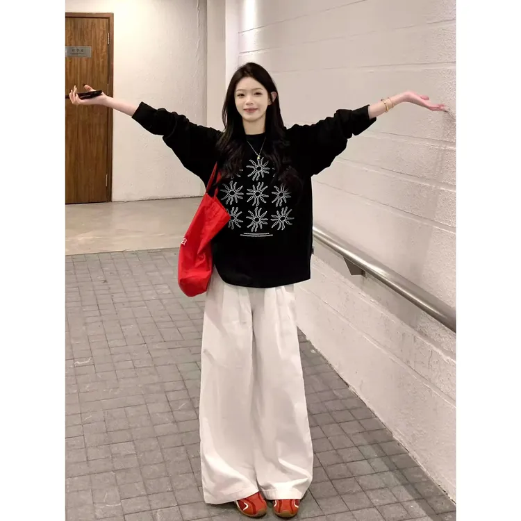 顶瓜瓜大码300斤韩系慵懒风太阳花纯棉长袖t恤男女秋冬新款打底衫