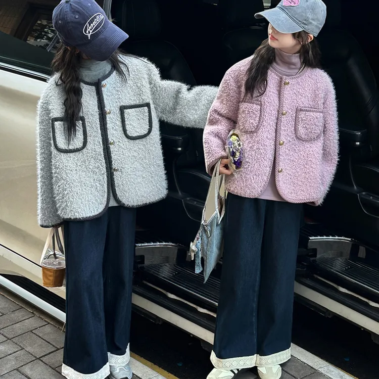 女童小香风外套2025新款儿童时髦洋气毛毛衣打底衫大童牛仔裤套装