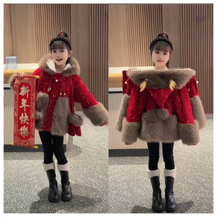 【拜年服送手套】女童冬装2025新款洋气拜年服加绒加厚红色草草外套