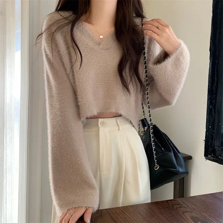 秋冬季新款仿水貂绒针织衫女韩板宽松V领打底毛衣内搭上衣ins
