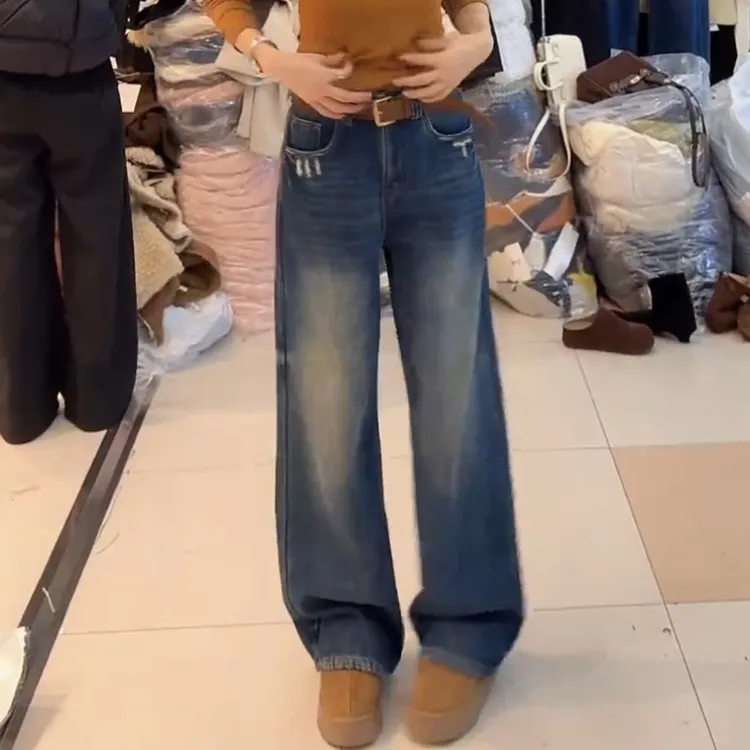 2025秋冬新款韩街头风高腰女款长裤微弹加绒牛仔裤LK2507587