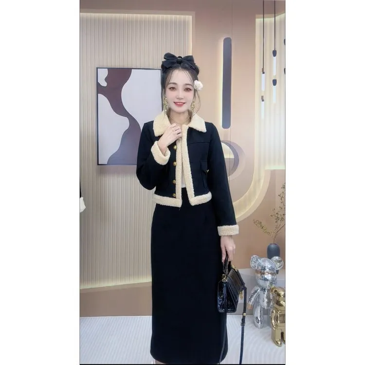 小香风加绒加厚秋冬短外套半身裙显瘦时尚优雅套装