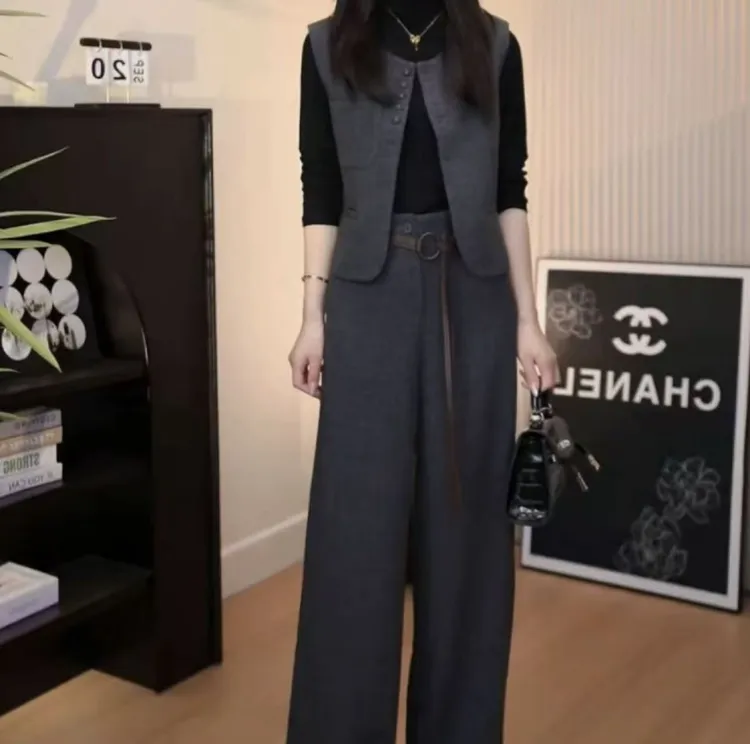 〈纪朵研〉H538一整套韩系穿搭高级感打底衫马甲阔腿裤腰带四件套