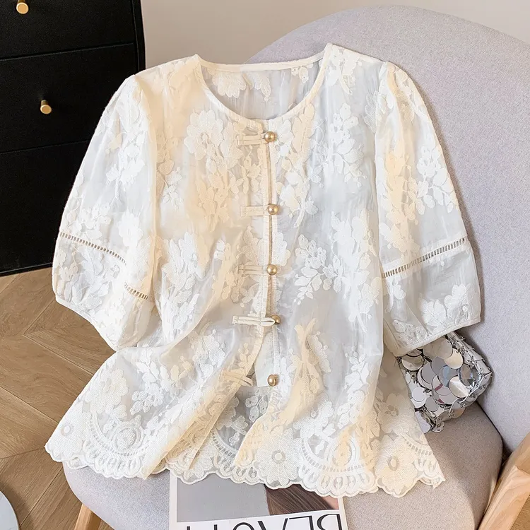 新中式国风短袖衬衫女2025新款夏季重工刺绣宽松薄款