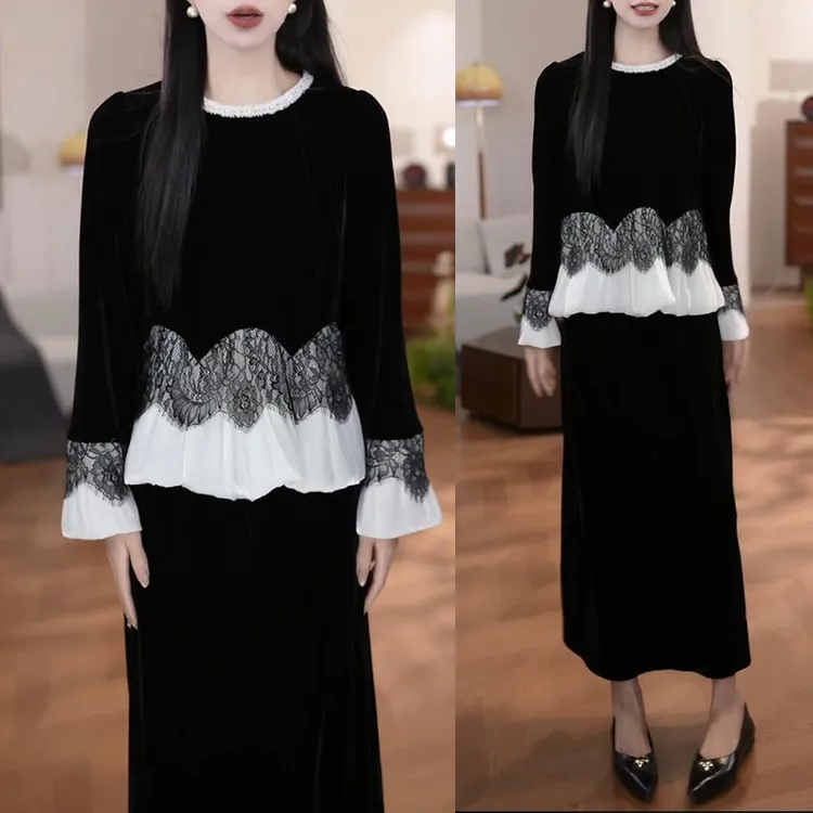 2026早秋季新款洋气时尚百搭拼接蕾丝上衣女士显瘦气质半身裙套装