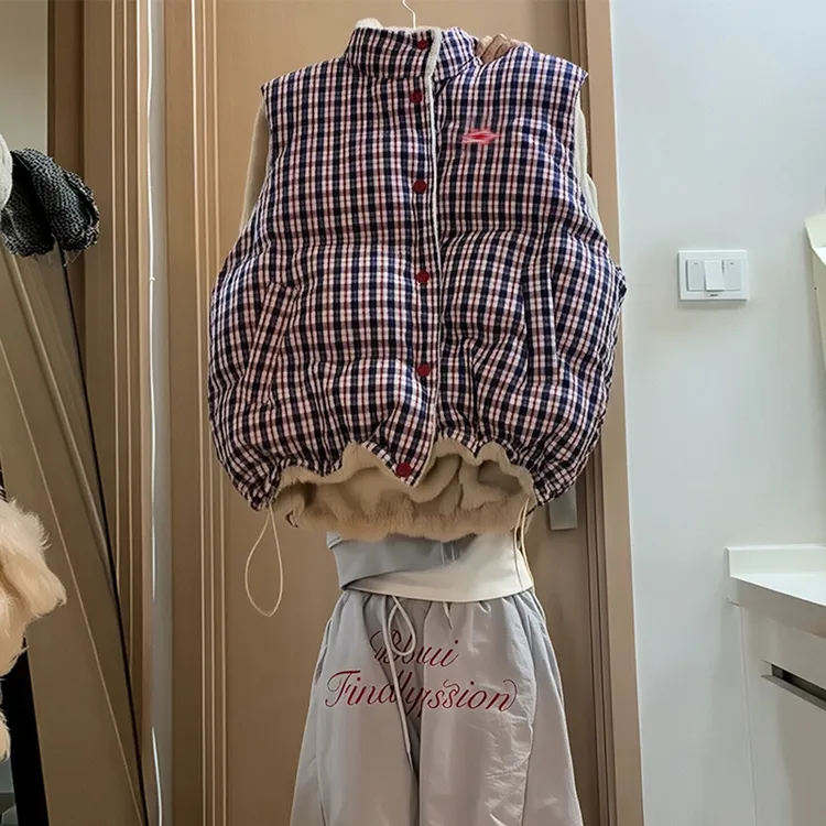 新款女美式加厚棉服双面穿马甲格纹洋气慵懒风保暖马夹短款秋冬季