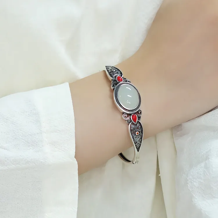 黄铜手镯 复古祥云蛋面镂空手镯女新中式国风开口手环古风饰品