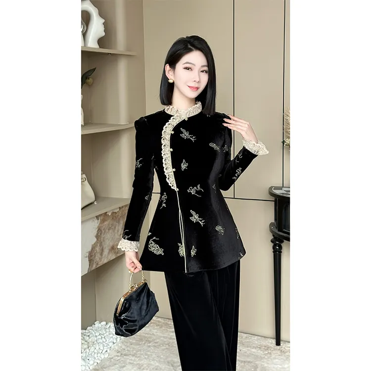 格娜秋冬新款高级感显贵两件套国风花边设计师款上档次显瘦女套装