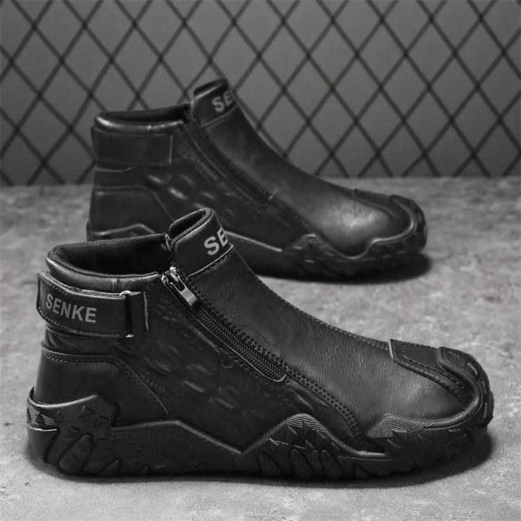 森刻男鞋秋季新款皮面平底舒适一脚蹬拉链休闲鞋男士百搭防水鞋男