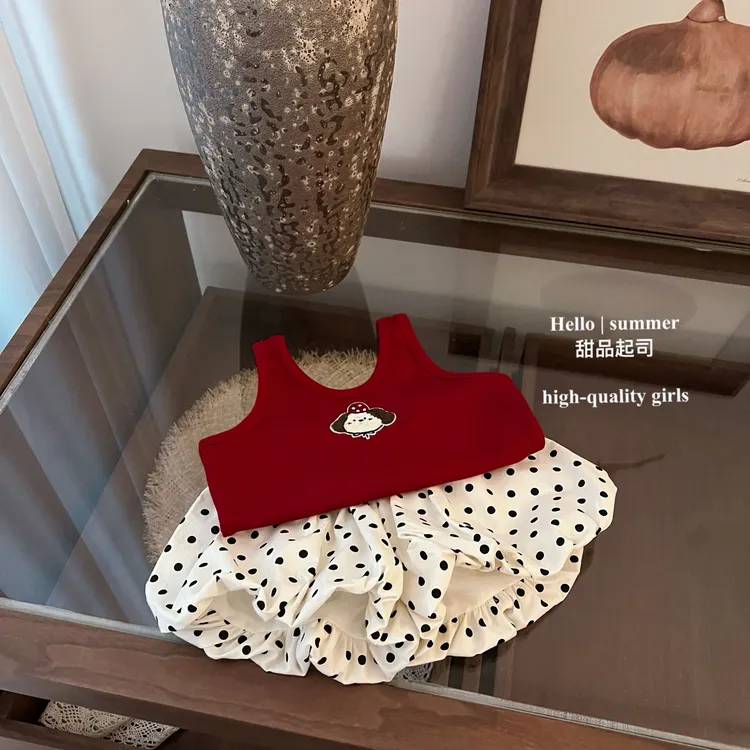 【甜品起司】游学日记！女宝宝甜美卡通可爱背心波点花苞裤洋气套装