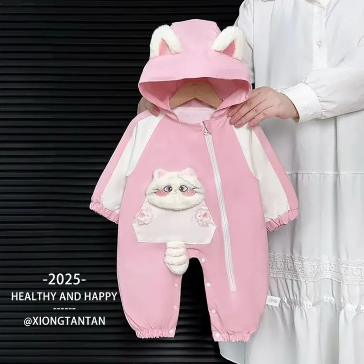 新款卡通风春秋长袖双层可爱猫咪女休闲哈衣爬服秋季幼儿连衣